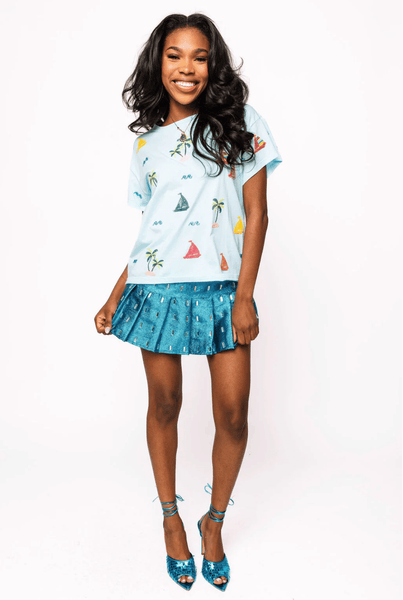Aqua Sail Boat & Palm Tree Icon TeeHeartland Retail ItemsQueen of SparklesThe Printed Peach Savannah