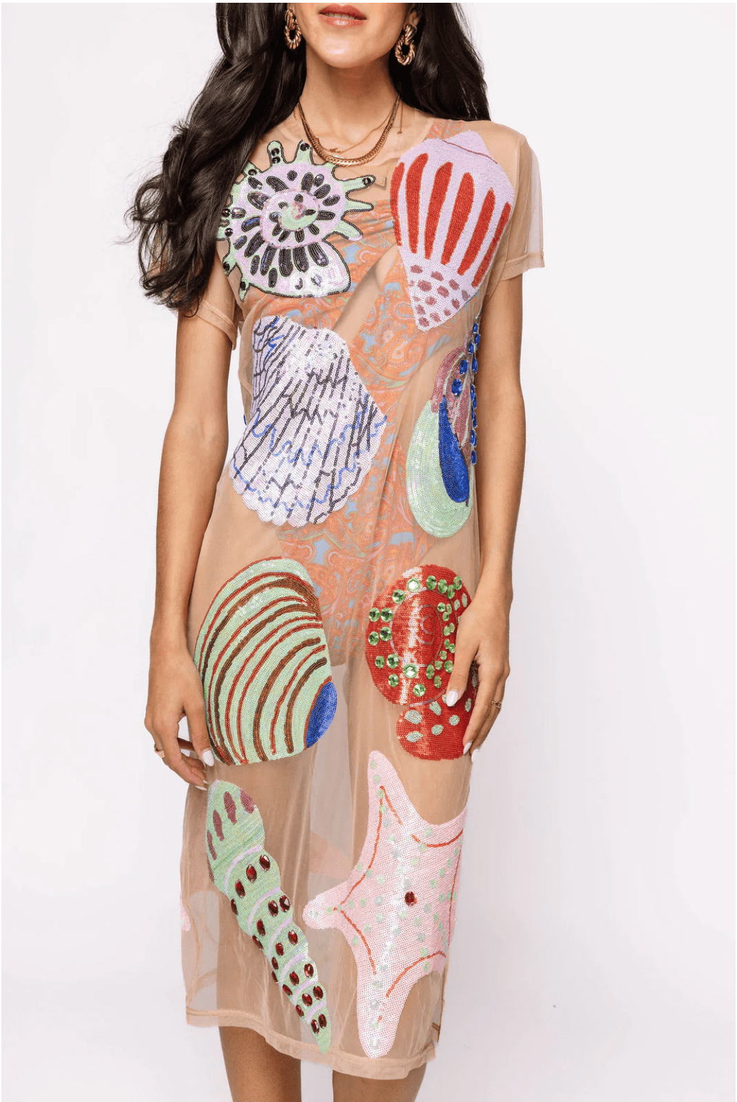 Beige Multi Shell Coverup Midi DressHeartland Retail ItemsQueen of SparklesThe Printed Peach Savannah