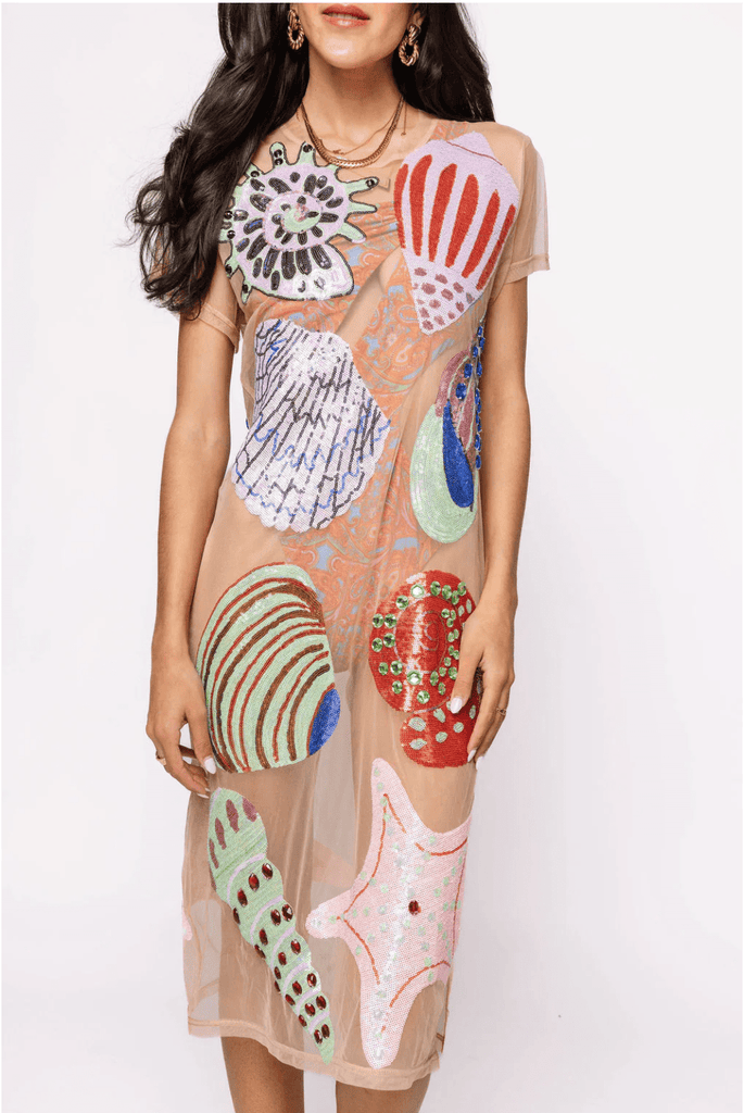 Beige Multi Shell Coverup Midi DressHeartland Retail ItemsQueen of SparklesThe Printed Peach Savannah