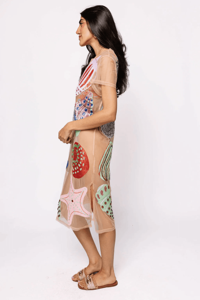 Beige Multi Shell Coverup Midi DressHeartland Retail ItemsQueen of SparklesThe Printed Peach Savannah