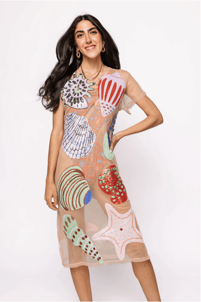Beige Multi Shell Coverup Midi DressHeartland Retail ItemsQueen of SparklesThe Printed Peach Savannah
