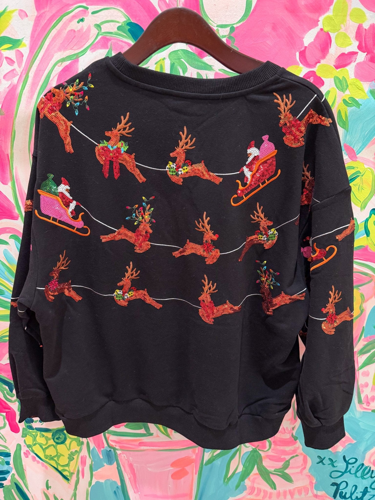 Black Flying Santa & Reindeer SweatshirtQueen of SparklesThe Printed Peach Savannah