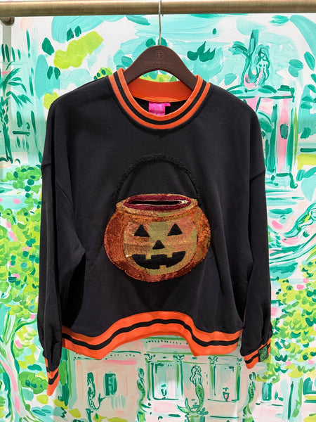 Black Halloween Pumpkin Candy Bucket SweatshirtWomens - Tops - Sweatshirts & PopoversQueen of SparklesThe Printed Peach Savannah