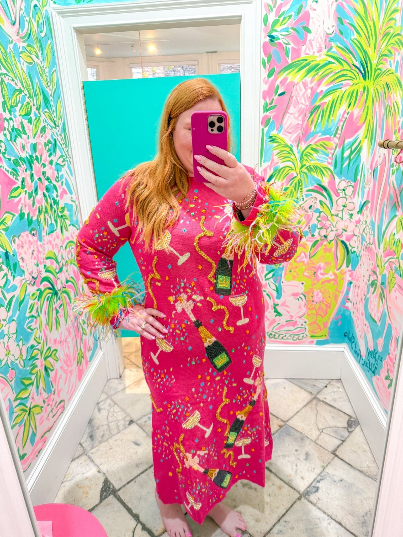 Hot Pink Popping Champagne Bottle & Coupe Feather Sleeve Midi Dress M Hot Pink Popping Champagne Bottle & Coupe Feather Sleeve Midi Dress M