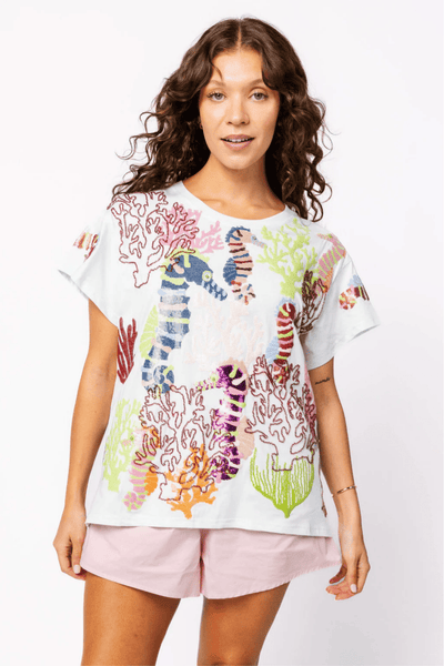 Light Blue Multi Coral & Seahorse TeeHeartland Retail ItemsQueen of SparklesThe Printed Peach Savannah