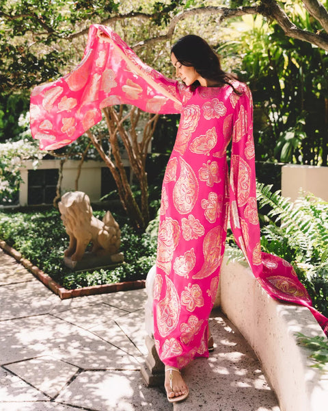 Madelyn Silk Boat Neck Maxi CaftanWomens - Dresses - Fitted DressesLILLY PULITZERThe Printed Peach Savannah