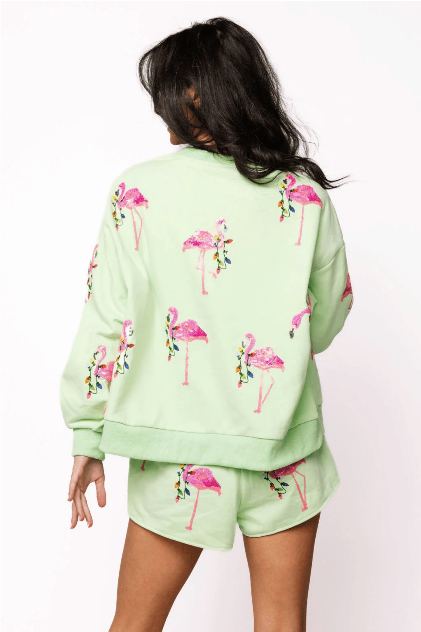 Mint Flamingo Wearing Christmas Light Sweathshit & Short SetWomens - Matching SetQueen of SparklesThe Printed Peach Savannah