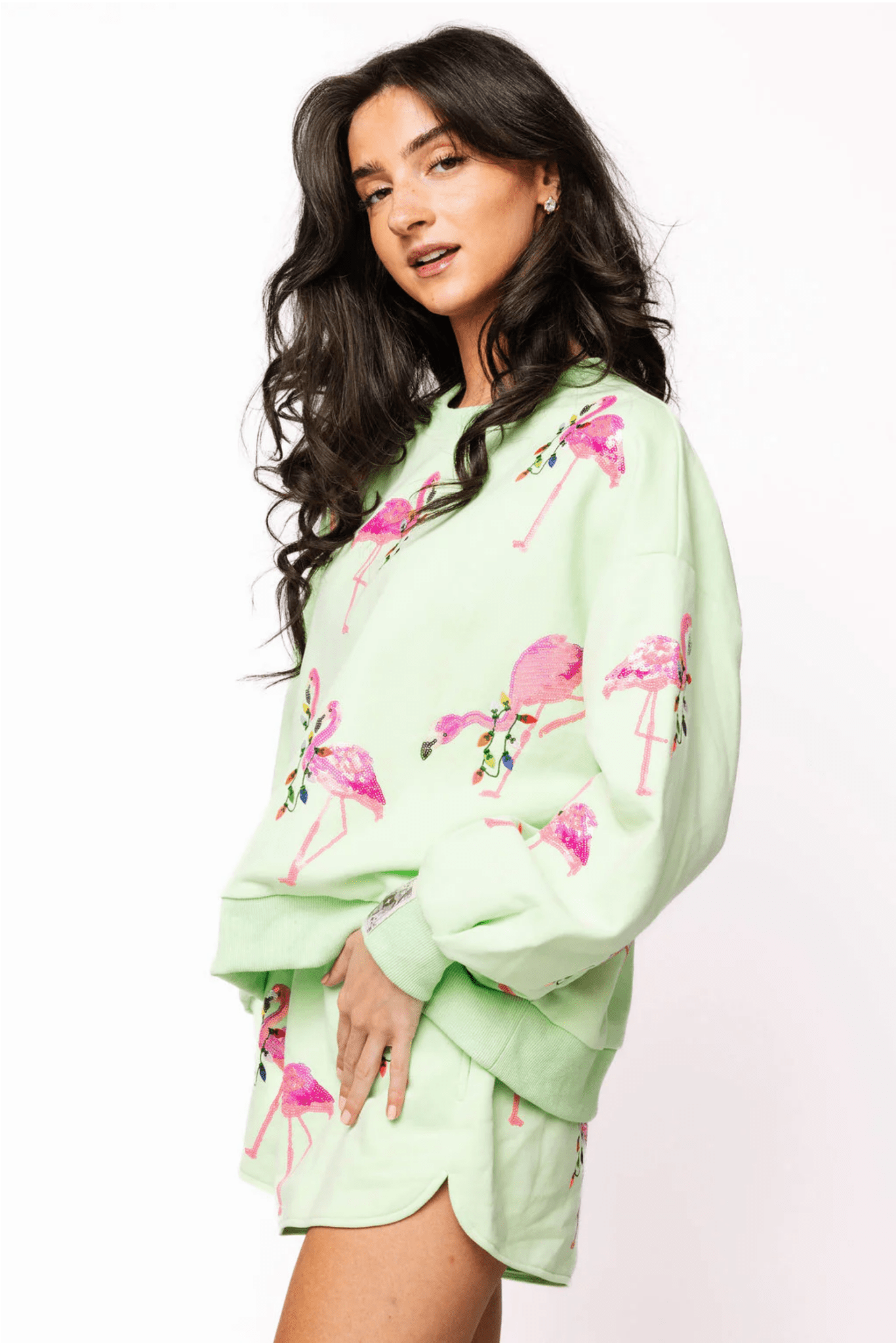 Mint Flamingo Wearing Christmas Light Sweathshit & Short SetWomens - Matching SetQueen of SparklesThe Printed Peach Savannah