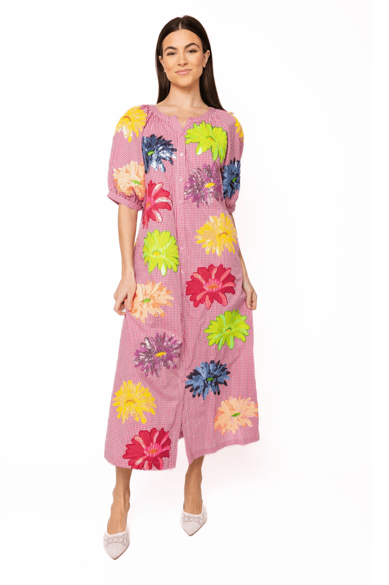 a line cotton dresses Pink Gingham Multi Flower Button Up Cotton Midi Dress S
