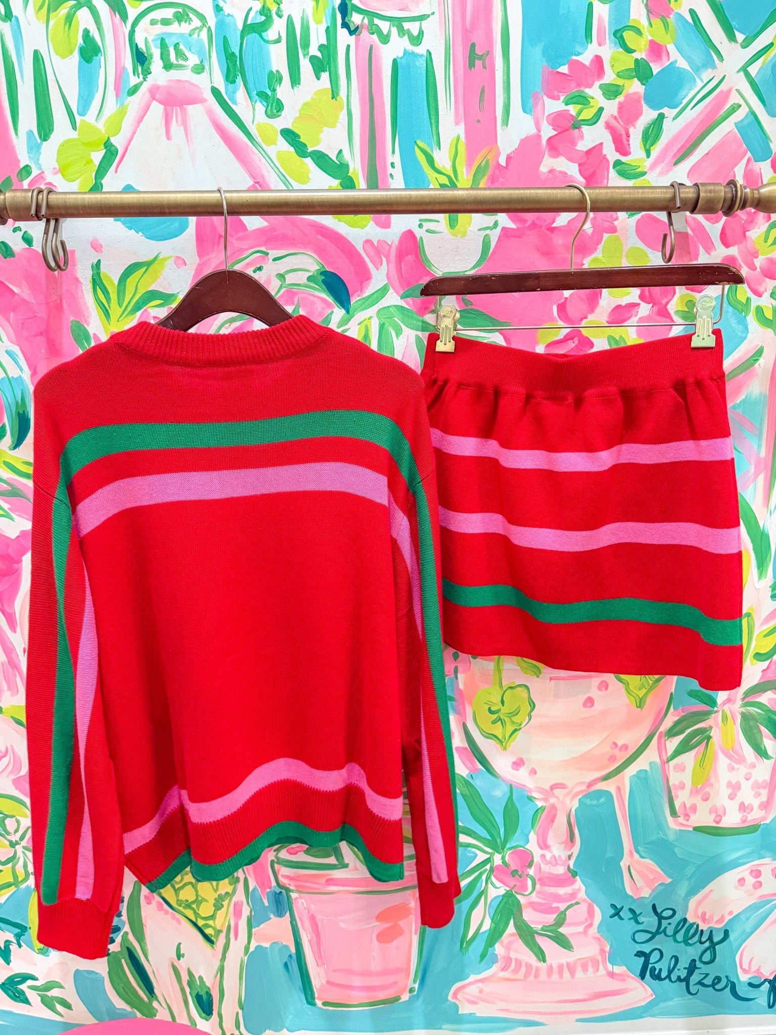 Red, Green & Pink 'Sleigh Queen' Stripe Sweater and Skirt SetQueen of SparklesThe Printed Peach Savannah