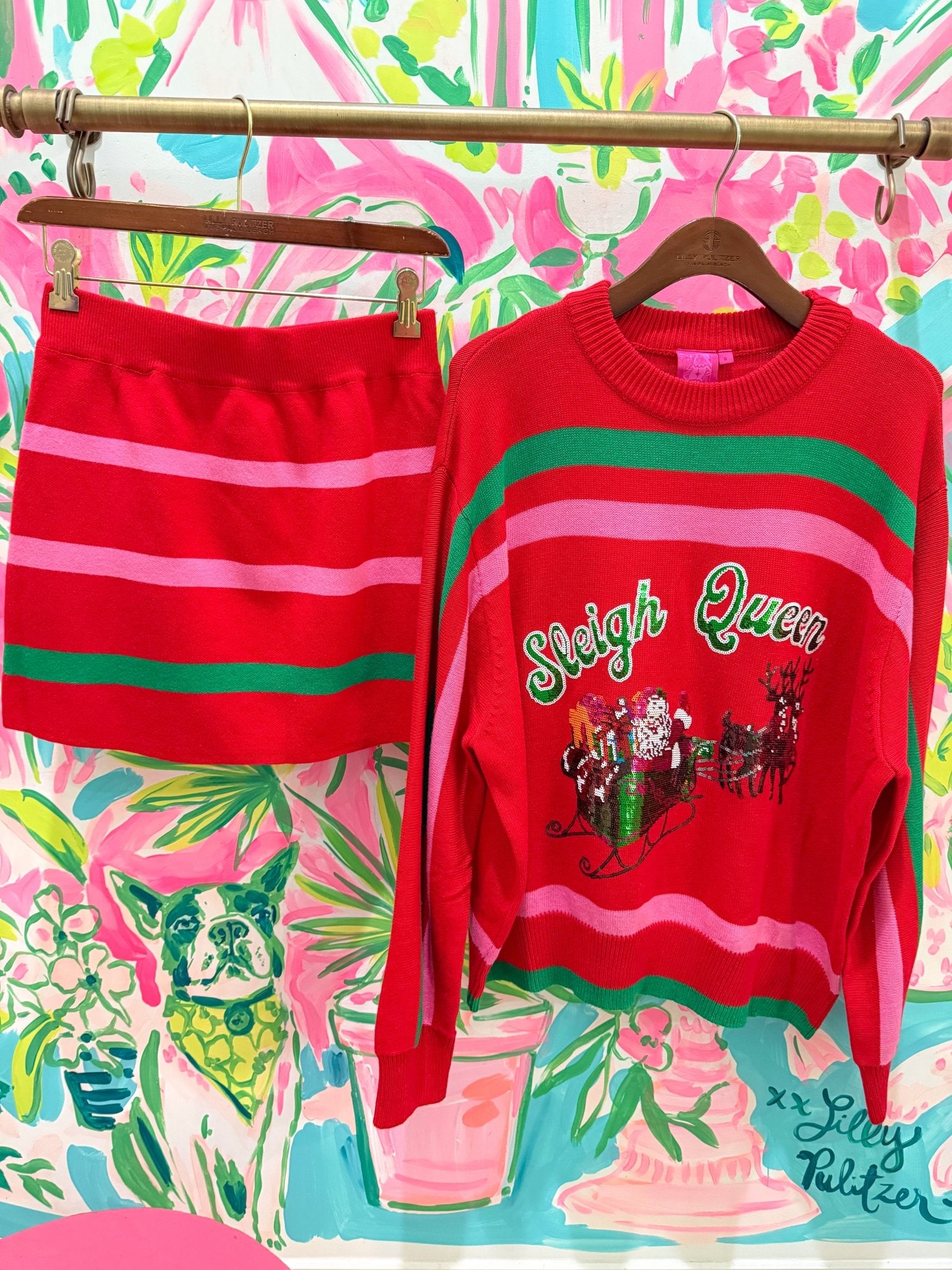 Red, Green & Pink 'Sleigh Queen' Stripe Sweater and Skirt SetQueen of SparklesThe Printed Peach Savannah