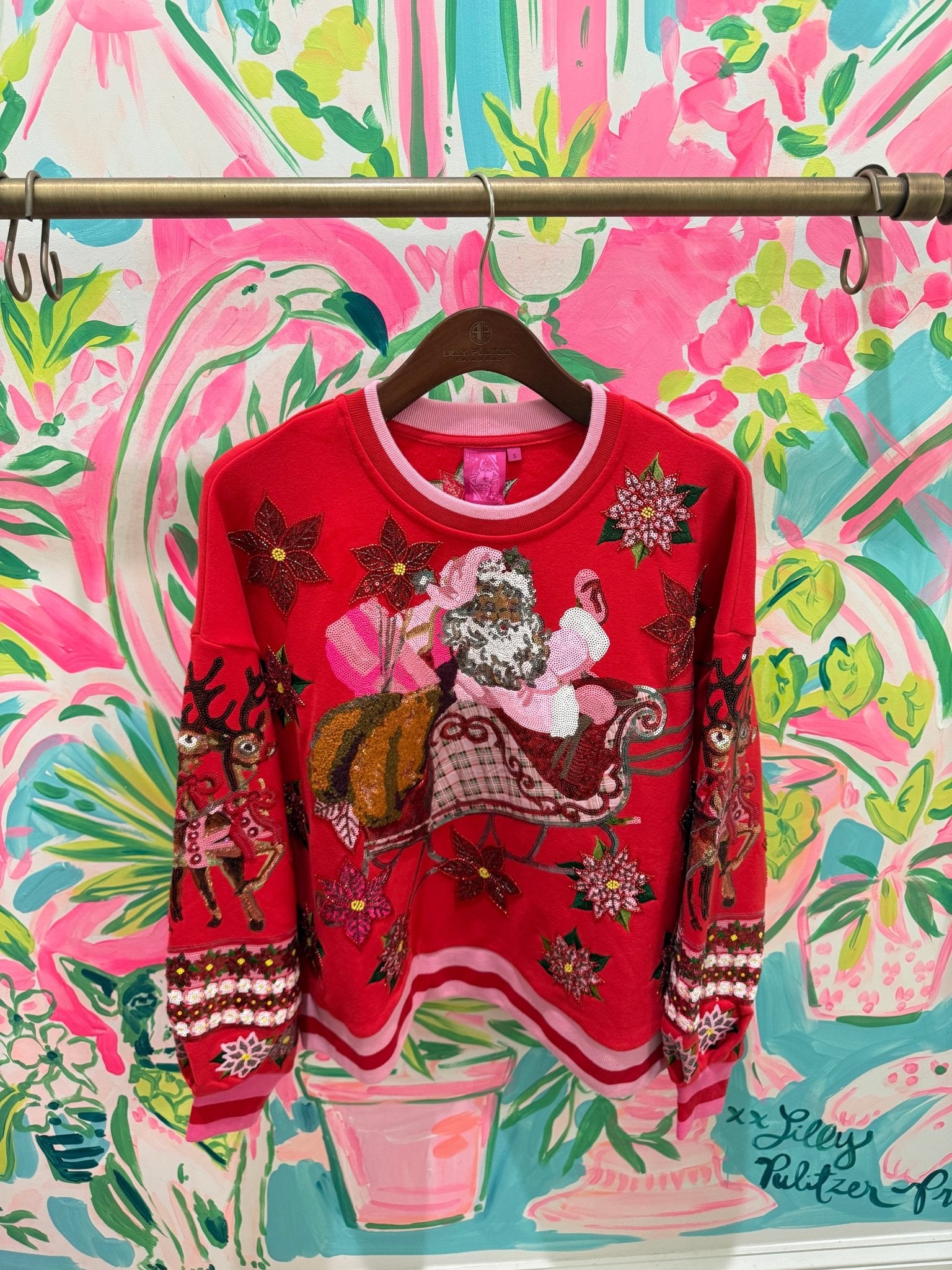 Red & Pink Vintage Poinsettia Santa SweatshirtWomens - Tops - Sweatshirts & PopoversQueen of SparklesThe Printed Peach Savannah