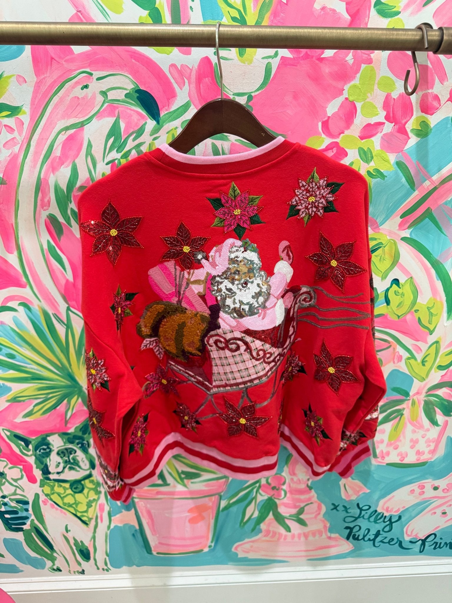 Red & Pink Vintage Poinsettia Santa SweatshirtWomens - Tops - Sweatshirts & PopoversQueen of SparklesThe Printed Peach Savannah