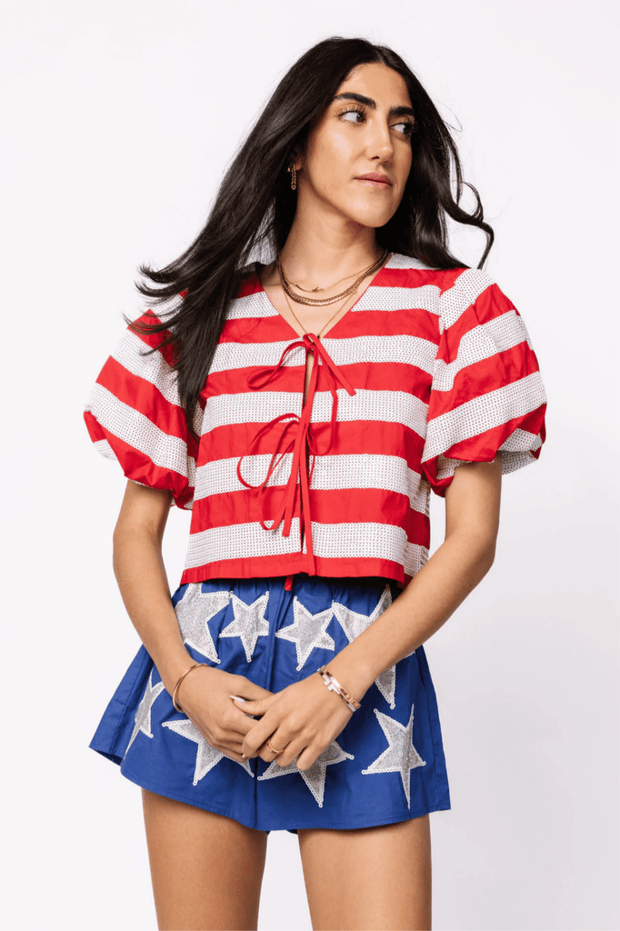 Red & White Stripe Cotton Poof Sleeve Tie Top and Shorts SetHeartland Retail ItemsQueen of SparklesThe Printed Peach Savannah