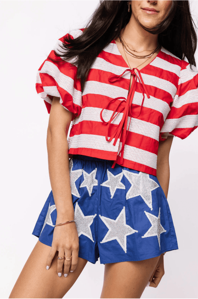Red & White Stripe Cotton Poof Sleeve Tie Top and Shorts SetHeartland Retail ItemsQueen of SparklesThe Printed Peach Savannah