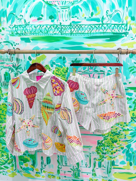 Striped Button Up Multi Shell Long Sleeve Top and Shorts SetQueen of SparklesThe Printed Peach Savannah