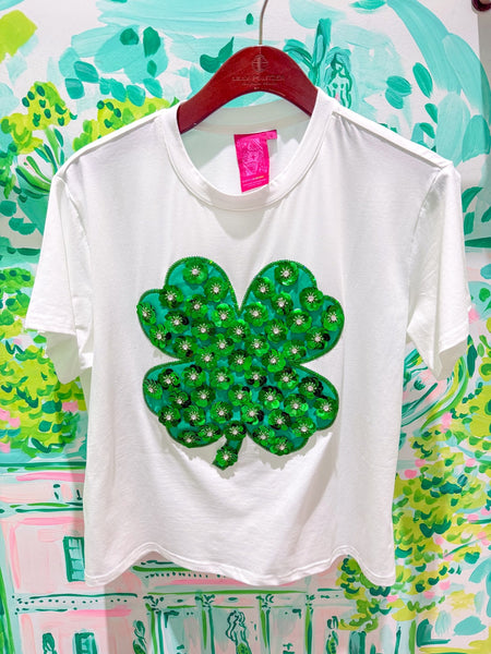 White & Green Sequin Flower Shamrock TeeHeartland Retail ItemsQueen of SparklesThe Printed Peach Savannah