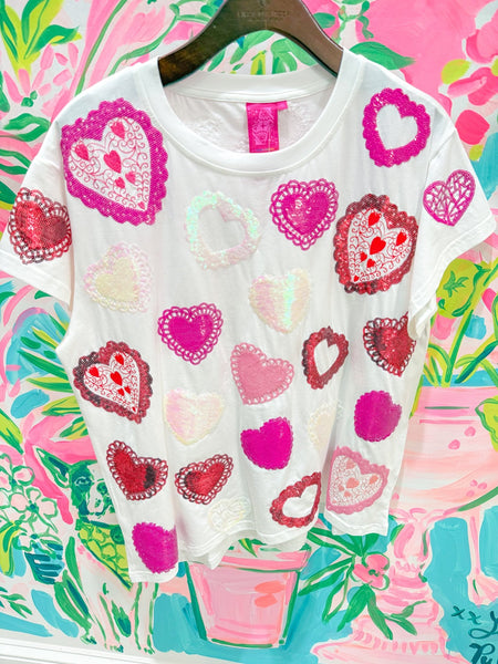 White Multi Doily Heart TeeHeartland Retail ItemsQueen of SparklesThe Printed Peach Savannah