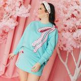 Robin Egg Blue Sweatshirt with Pink Gingham Bow