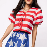 Red & White Stripe Cotton Poof Sleeve Tie Top and Shorts Set