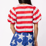 Red & White Stripe Cotton Poof Sleeve Tie Top and Shorts Set