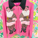 Pink & Black Collar Santa in Leopard Suit Cardigan