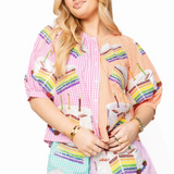 Colorblock Gingham Rainbow Birthday Cake Button Up Top