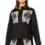 Black Queen Card & Sparkle Collar Button Up Cotton Top