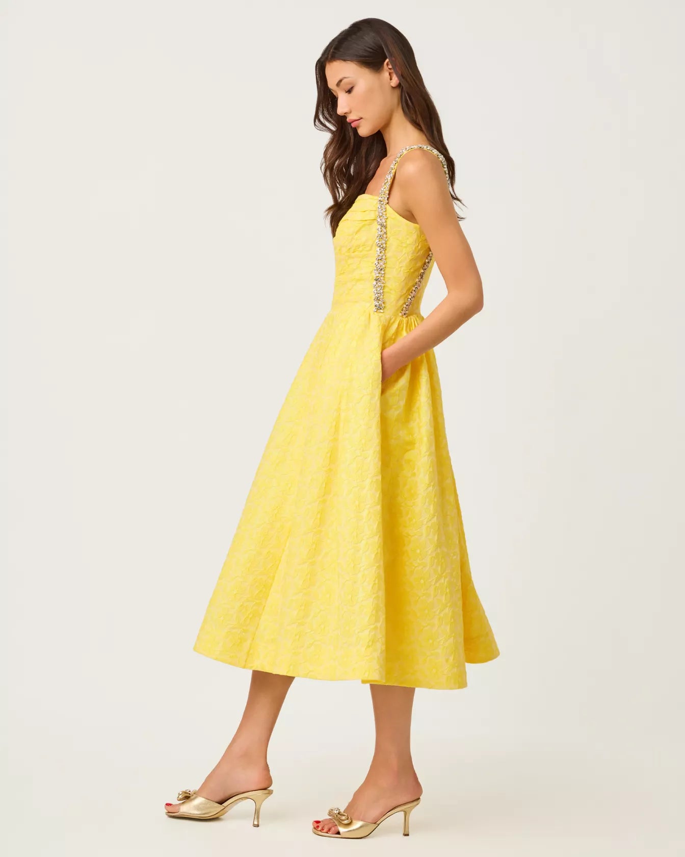 Lilly Pulitzer Carlina Beaded Midi Dress - Estelle Yellow Iridescent Floral Jacquard Lilly Pulitzer Carlina Beaded Midi Dress - Estelle Yellow Iridescent Floral Jacquard