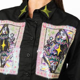 Black Queen Card & Sparkle Collar Button Up Cotton Top