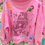 Pink Multi Candy Cane QOS Card Logo Mock Neck Sweatshirt
