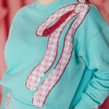 Robin Egg Blue Sweatshirt with Pink Gingham Bow