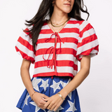 Red & White Stripe Cotton Poof Sleeve Tie Top and Shorts Set