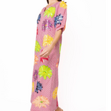 Pink Gingham Multi Flower Button Up Cotton Midi Dress