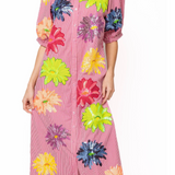 Pink Gingham Multi Flower Button Up Cotton Midi Dress