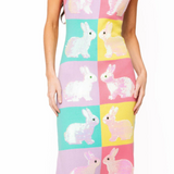 Rainbow Colorblock Checkered Easter Bunny Knit Midi Dress