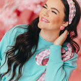 Robin Egg Blue Sweatshirt with Pink Gingham Bow