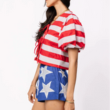 Red & White Stripe Cotton Poof Sleeve Tie Top and Shorts Set