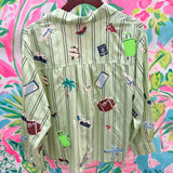 Green Striped Travel Icon Button Up Long Sleeve Top