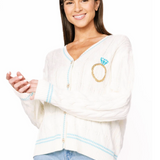 White & Blue 'In My Bride Era' Sequin & Pearl Button Up Cardigan