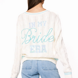 White & Blue 'In My Bride Era' Sequin & Pearl Button Up Cardigan