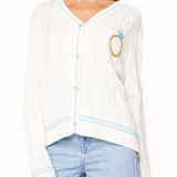 White & Blue 'In My Bride Era' Sequin & Pearl Button Up Cardigan