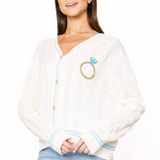 White & Blue 'In My Bride Era' Sequin & Pearl Button Up Cardigan