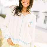 White & Blue 'In My Bride Era' Sequin & Pearl Button Up Cardigan