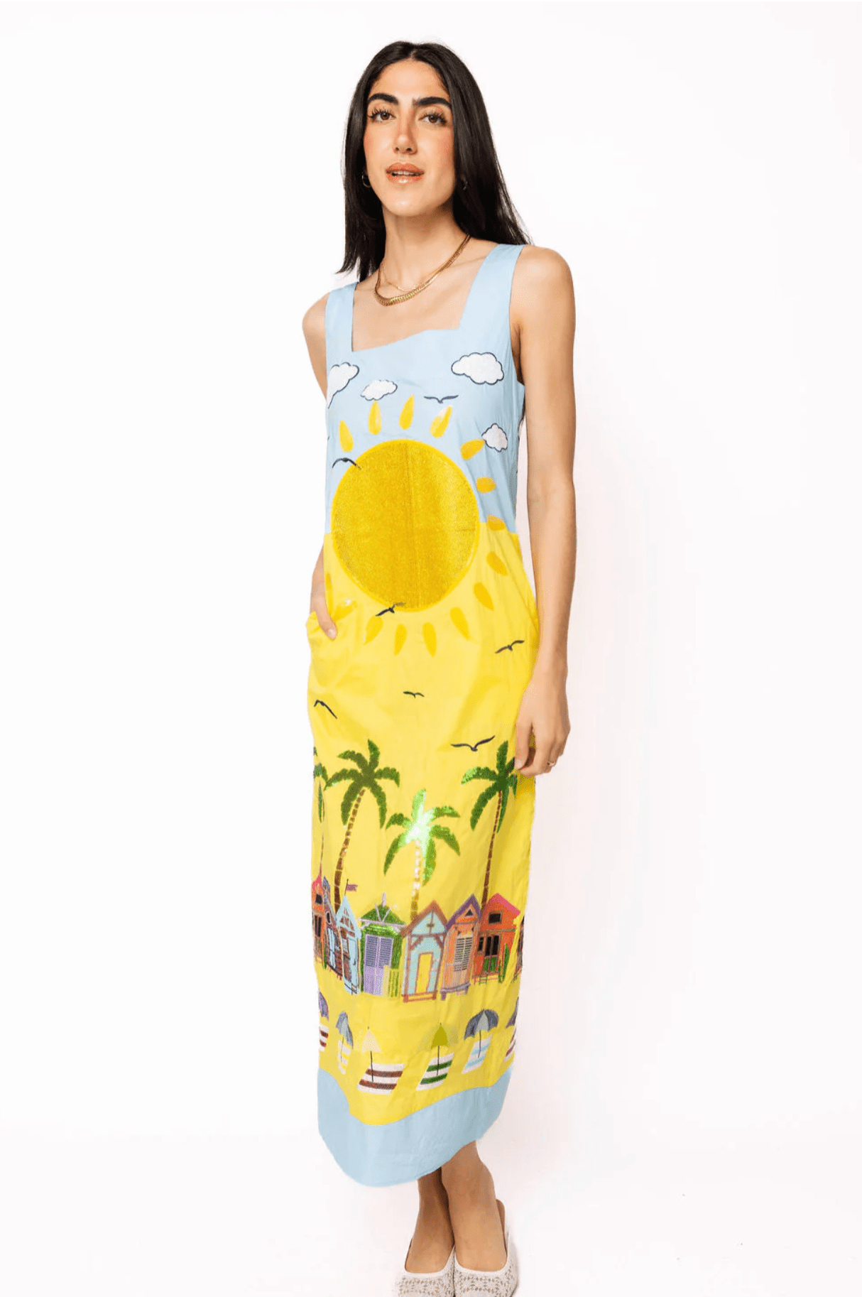 Aqua Multi Beach Scene Cotton Midi DressWomen - Dresses - Straight DressesQueen of SparklesThe Printed Peach Savannah