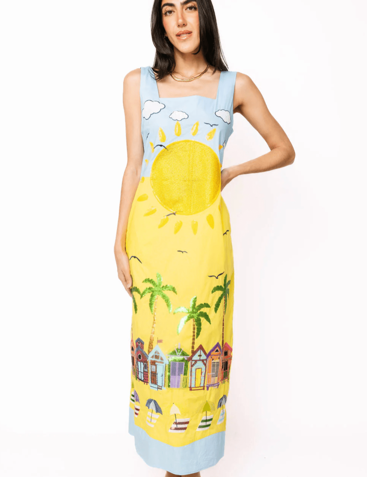 Aqua Multi Beach Scene Cotton Midi DressWomen - Dresses - Straight DressesQueen of SparklesThe Printed Peach Savannah