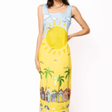 Aqua Multi Beach Scene Cotton Midi DressWomen - Dresses - Straight DressesQueen of SparklesThe Printed Peach Savannah