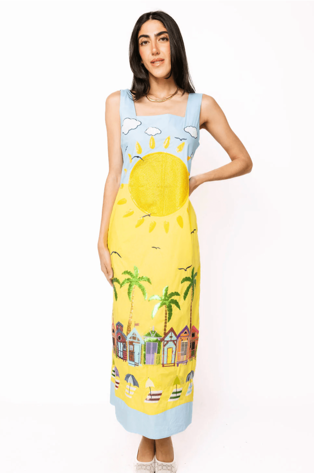 Aqua Multi Beach Scene Cotton Midi DressWomen - Dresses - Straight DressesQueen of SparklesThe Printed Peach Savannah