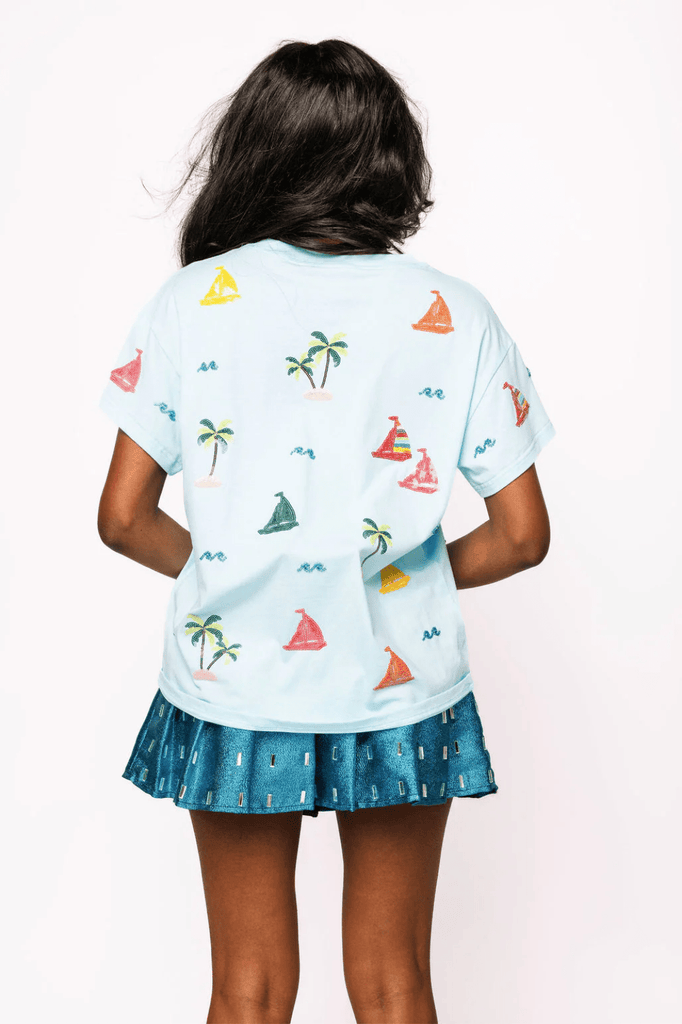 Aqua Sail Boat & Palm Tree Icon TeeHeartland Retail ItemsQueen of SparklesThe Printed Peach Savannah