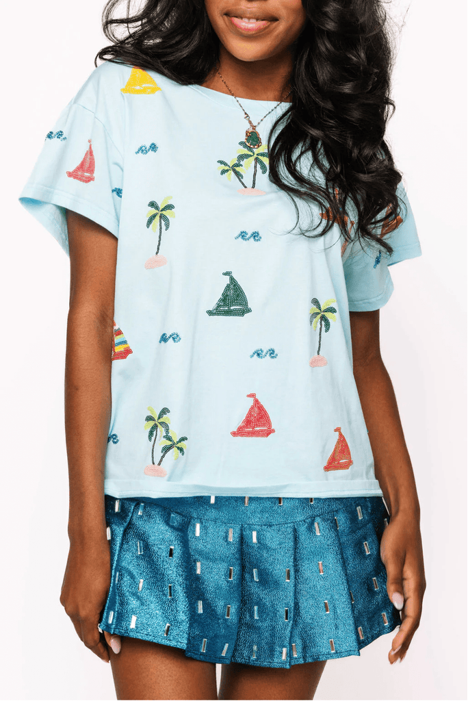 Aqua Sail Boat & Palm Tree Icon TeeHeartland Retail ItemsQueen of SparklesThe Printed Peach Savannah